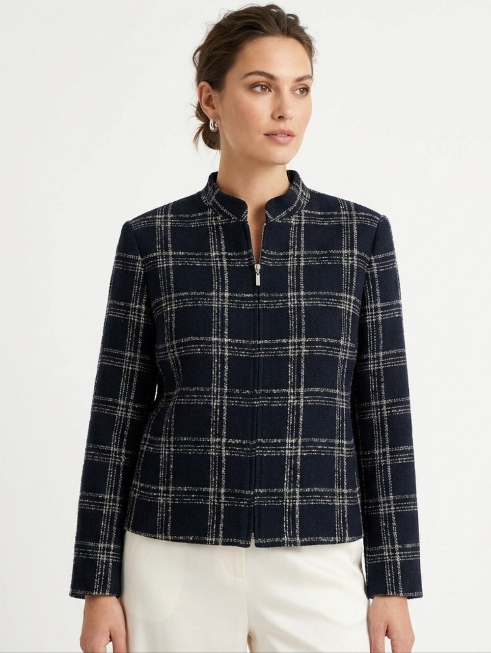 Style & Co. Collection Boucle Plaid Zipper Front Jacket Black White 14
